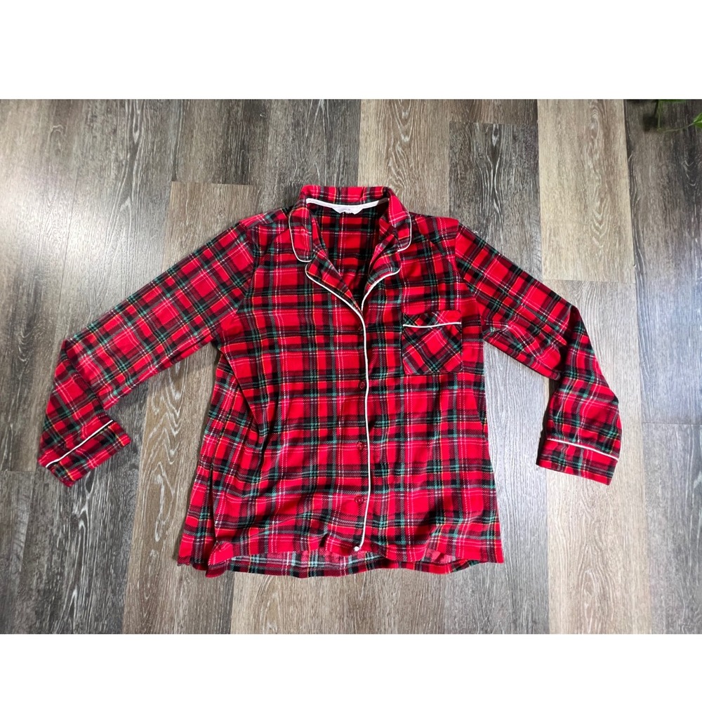 Secret Treasures Pajama Top Womens M Red Plaid Button Down Fleece Long Sleeve